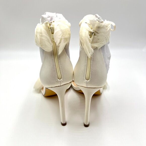 Nina Womens 6 Ivory White Satin Feather Embellished Heels Dress Sandals Shoes - Picture 6 of 14